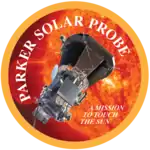 Artwork of the spacecraft next to the Sun, enclosed in a circle with a yellow border. The words "Parker Solar Probe" are placed around the interior of the border, while the words "a mission to touch the Sun" are written inline in a smaller font in the bottom right of the image.