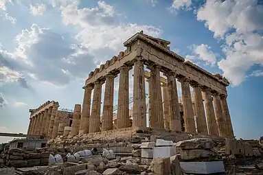 The Parthenon on the Athenian Acropolis, the most iconic Doric Greek temple built of marble and limestone between c. 460-406 BC, dedicated to the goddess Athena