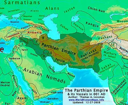 The extent of the Parthian Empire (shaded territory)