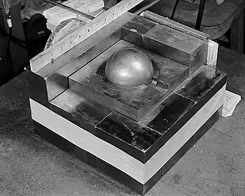 The sphere of plutonium surrounded by neutron-reflecting tungsten carbide blocks in a re-enactment of Harry Daghlian's 1945 experiment