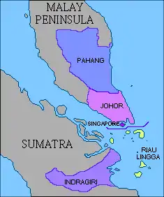 Map showing the partition of the Johor Empire before and after the Anglo-Dutch Treaty of 1824, with the post-partition Johor Sultanate shown in the brightest purple, at the tip of the Malay Peninsula