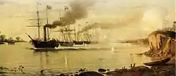 A line of masted Brazilian warships, led by a sidewheel steamship, passing upriver while bombarding positions flying Argentine colors atop cliffs at the water's edge.