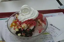 Korean Patbingsu with soft-serve ice cream and candied ingredients