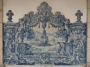 Azulejo in the cloisters of the Monastery of São Vicente de Fora, Lisbon, Portugal, with a scene based on a print by Jean Le Pautre, unknown architect or craftsman, 1730–1735