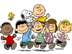 The characters from Peanuts holding aloft Charlie Brown and Snoopy.