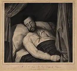 A lithograph depicting a curtained bed on which lies a bearded man with closed eyes and a crucifix lying on his chest