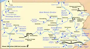 A network of east-west canals and connecting railroads spanned Pennsylvania from Philadelphia to Pittsburgh. North-south canals connecting with this east-west canal ran between West Virginia and Lake Erie on the west, Maryland and New York in the center, and along the border with Delaware and New Jersey on the east. Many shorter canals connected cities such as York, Port Carbon, and Franklin to the larger network.