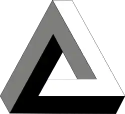 Penrose triangle (tribar) – first created by the Swedish artist Oscar Reutersvärd in 1934. Roger Penrose independently devised and popularised it in the 1950s, describing it as "impossibility in its purest form".