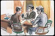  A courtroom sketch of three men, attorneys in suits in a federal court in 1973