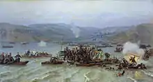 The Russian crossing of Danube near Zimnitsa on 15 June 1877, painted by Nikolai Dmitriev-Orenburgsky in Paris in 1883