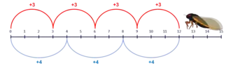 Number line with multiples of 3 and 4 highlighted up to the number 12. An illustration of a cicada sits at the number 13.