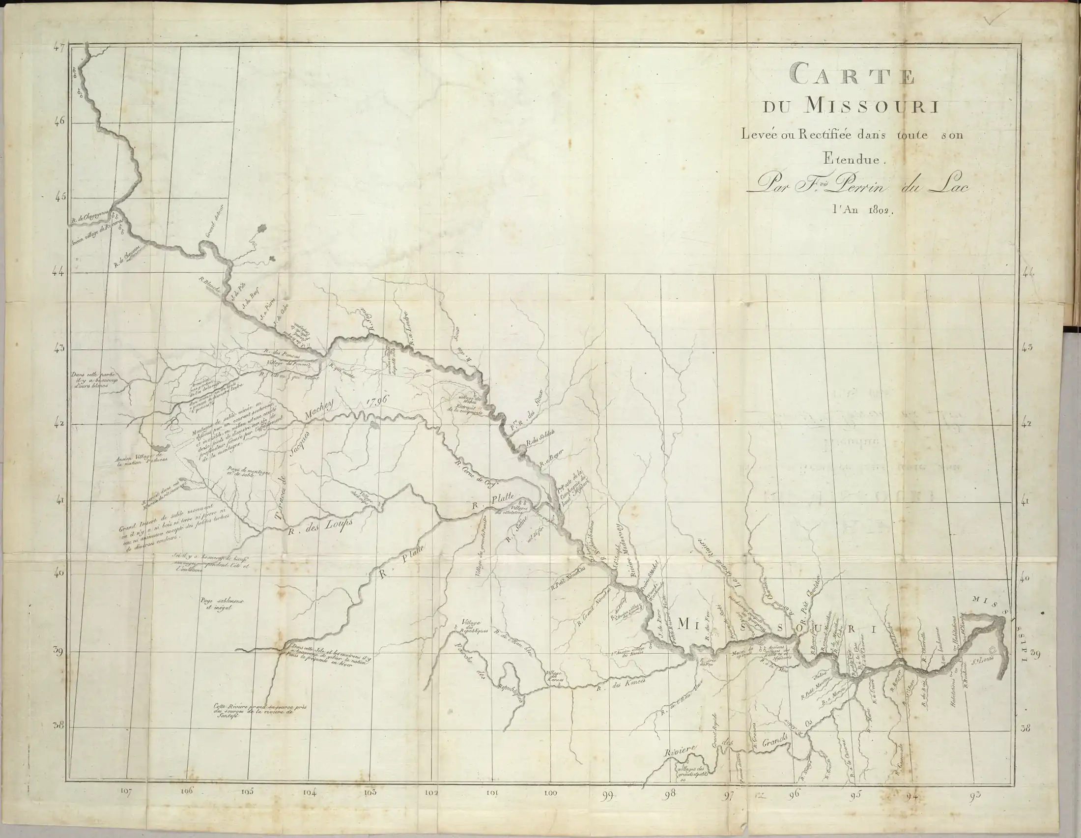 Perrin du Lac’s "Map of the Banks of the Missouri River" (1802), locates the Pawnee Republic (Village des Republic) on the Republican Fork of the Kansas River