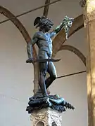 Perseus with the Head of Medusa, Benvenuto Cellini, 1545–54, in the Loggia dei Lanzi at the Piazza della Signoria in Florence, Italy (after the statue's cleaning)