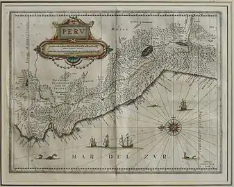 Old map of Peru with the Mar del Sur