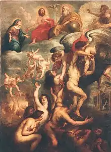 Purgatory, by Peter Paul Rubens. Top: Trinity, with Mary; Middle: Angels; Lower: purified souls being pulled up towards heaven; Bottom: souls in non-fiery purgation