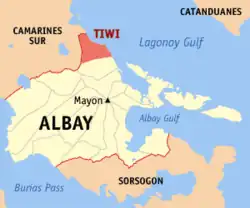 Map of Albay with Tiwi highlighted