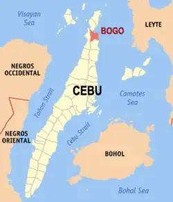 Map of Cebu with Bogo highlighted