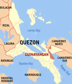 Map of Quezon with Guinayangan highlighted