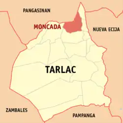 Map of Tarlac with Moncada highlighted