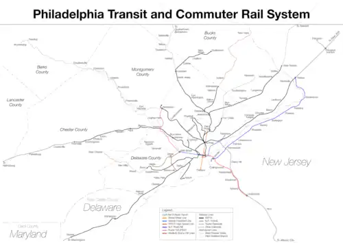 Rail lines converge to Center City Philadelphia in a hub-and-spoke model