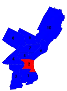 Map of Philadelphia showing city council districts