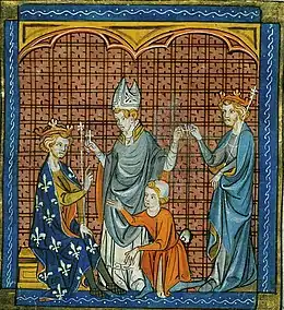 From left to right: a seated Philip II, crowned and dressed in a blue garment of fleur de lis, taking a cross; a bishop handing two crosses, one to Philip II and one to Henry II; a kneeling figure; Henry II, who is likewise crowned and accepting a cross from the bishop.