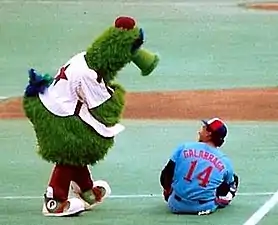 The Phillie Phanatic with the Montreal Expos' Andrés Galarraga in 1987