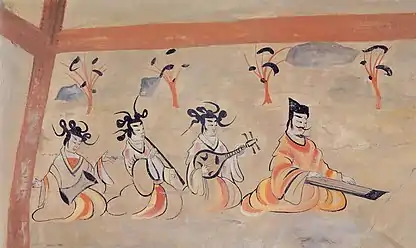 A mural painting showing man and women wearing loose robes, from the Northern Liang's Dingjiazha Tomb No. 5 of the Sixteen Kingdoms period