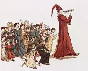 -->The Pied Piper of Hamelin (1888) shows subtle colour squashing on the piper's robe, and the use of cross hatchings to blend colours, characteristics of chromoxylography.