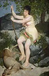 Oil painting of a nude woman who sits on a rock and leans on a bow. At her feet is a dead deer with its neck pierced by an arrow.