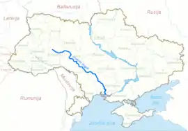 A map of the Southern Buh flowing through Ukraine (in Lithuanian).