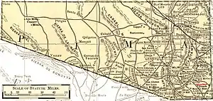 This map of Pima County, Arizona, drawn in 1883, shows the period's mountains, roads, mines, and settlements. The southeast corner of the map, the section that will break off to become Santa Cruz county in 1899, is by far more densely populated with features than any other portion of the map. Within that section, amidst numerous mines, mills, and roads, lies Harshaw.