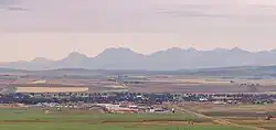 Pincher Creek as seen from the North, with the Canadian Rockies in the background