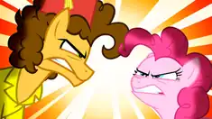 Cheese Sandwich (left and Pinkie Pie (right) staring angrily at each other in front of an orange background