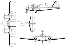 3-view line drawing of the Piper PA-23-150 Apache