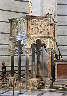 Pulpit in the Pisa Baptistery by Nicola Pisano; 1260; marble; height: 4.6 m.