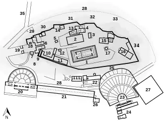 Architectural diagram showing the major monuments of the Athenian acropolis. The Parthenon is in the centre, while the Temple of Athena Nike and the Pedestal of Agrippa are close together at the western entrance.