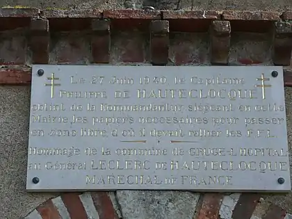 Memorial plaque in Grugé-l'Hôpital