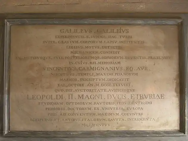 Plaque in memory of Galileo Galilei's experiments