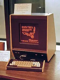 Plasma displays were first used in PLATO computer terminals. This PLATO V model illustrates the display's monochromatic orange glow as seen in 1988.