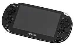 A picture of the PlayStation Vita console against a plain white background. The console has a large screen with various buttons on either side as well as two analogue sticks.