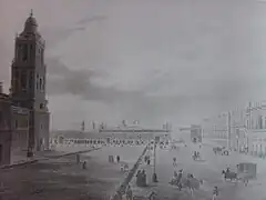 Plaza Mayor of Mexico City by Pedro Guridi (c. 1850) shows the sun disk attached to the side of the cathedral tower, it was placed there in 1790 when it was discovered and remained on the tower until 1885