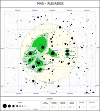 A star chart of the Pleiades and their nebulaeA widefield view of The Pleiades showing the surrounding dust.  Image taken with 56 hours of total exposure time.