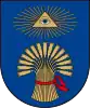 A coat of arms depicting the Eye of Providence with a blue iris encapsulated in a golden triangle surrounded in golden rays all on a blue background