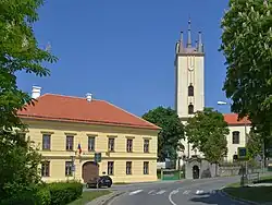 Town hall and Church of Saints Peter and Paul