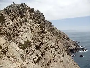 The prominent, upward-sloping Salinian Block formation can be seen here from the Point Reyes Lighthouse.