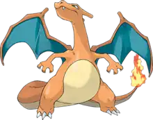 A bipedal orange dragon-like Pokémon with a cream underbelly stands facing the viewer. Its wing membranes are bluish green and it has a small fire on the tip of its tail. Its head is turned to the left and it is looking up toward the sky.