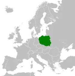 Location of the Polish People's Republic (dark green)in Europe (dark grey)