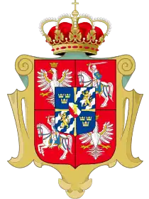 Coat of arms of the Polish branch of the House of Vasa as elected kings of Poland (Lithuania and Ruthenia) and rightful hereditary kings of Sweden (Finland and Estonia)