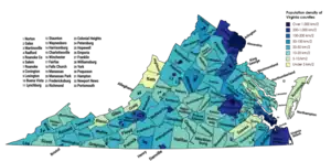 Map of Virginia counties colored by population density, ranging from pale yellow, to green, to dark blue.